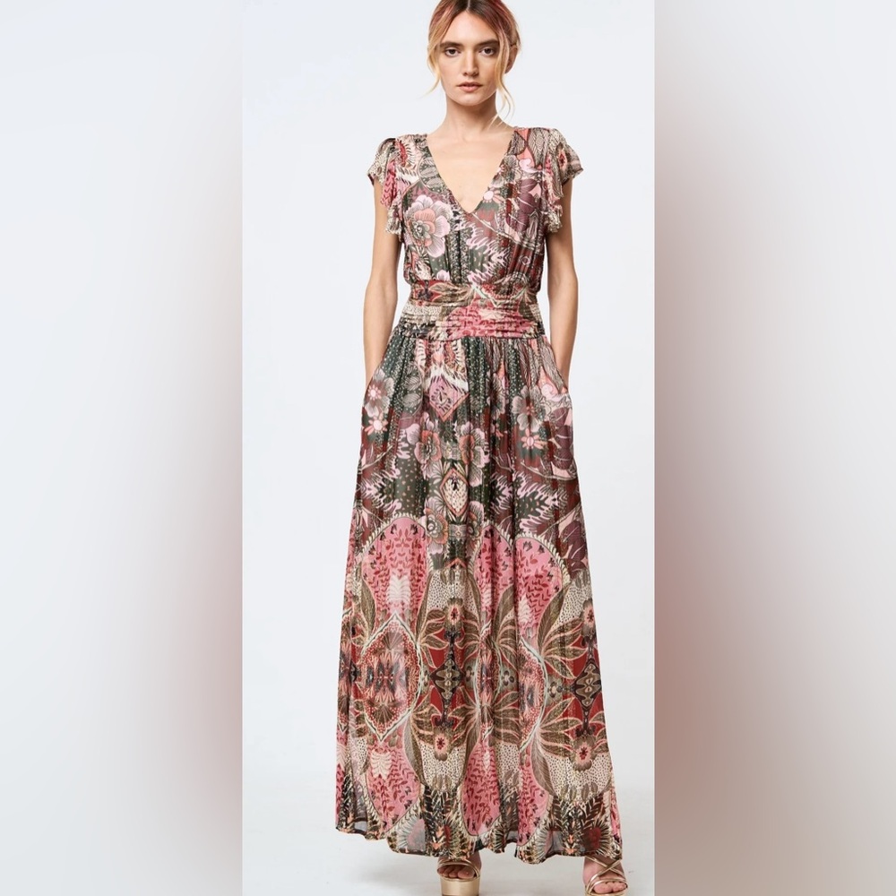 $350 Floral Pink & Brown V-Neck Maxi Dress